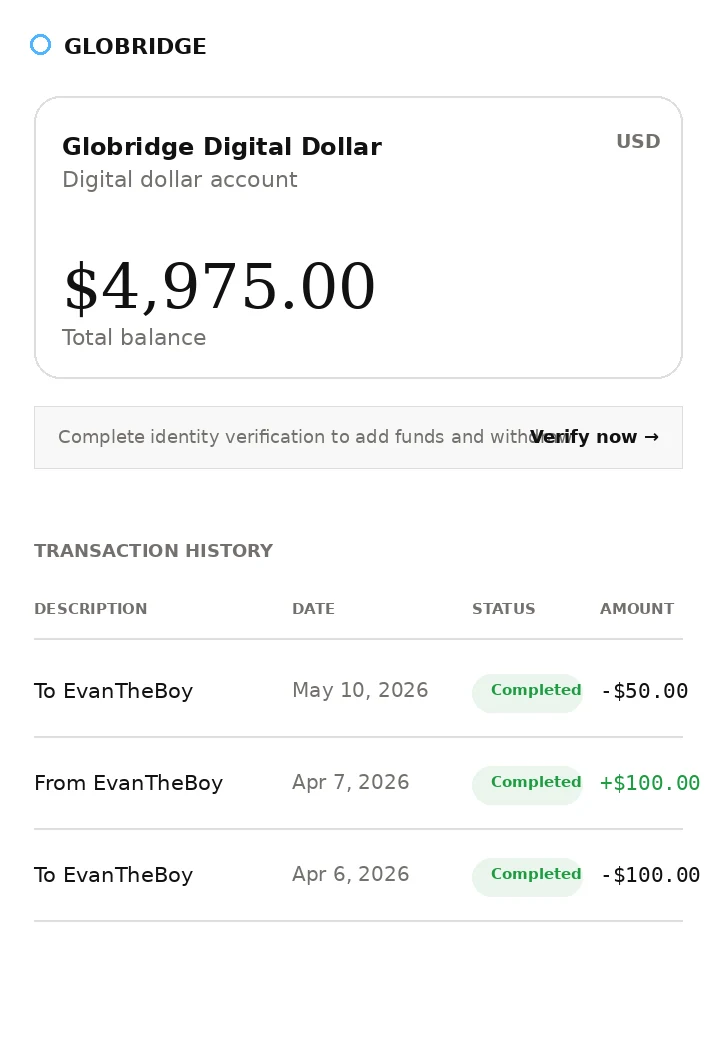 Globridge digital dollar balance dashboard screenshot in light mode