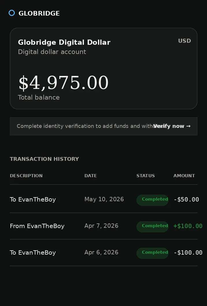 Globridge digital dollar balance dashboard screenshot