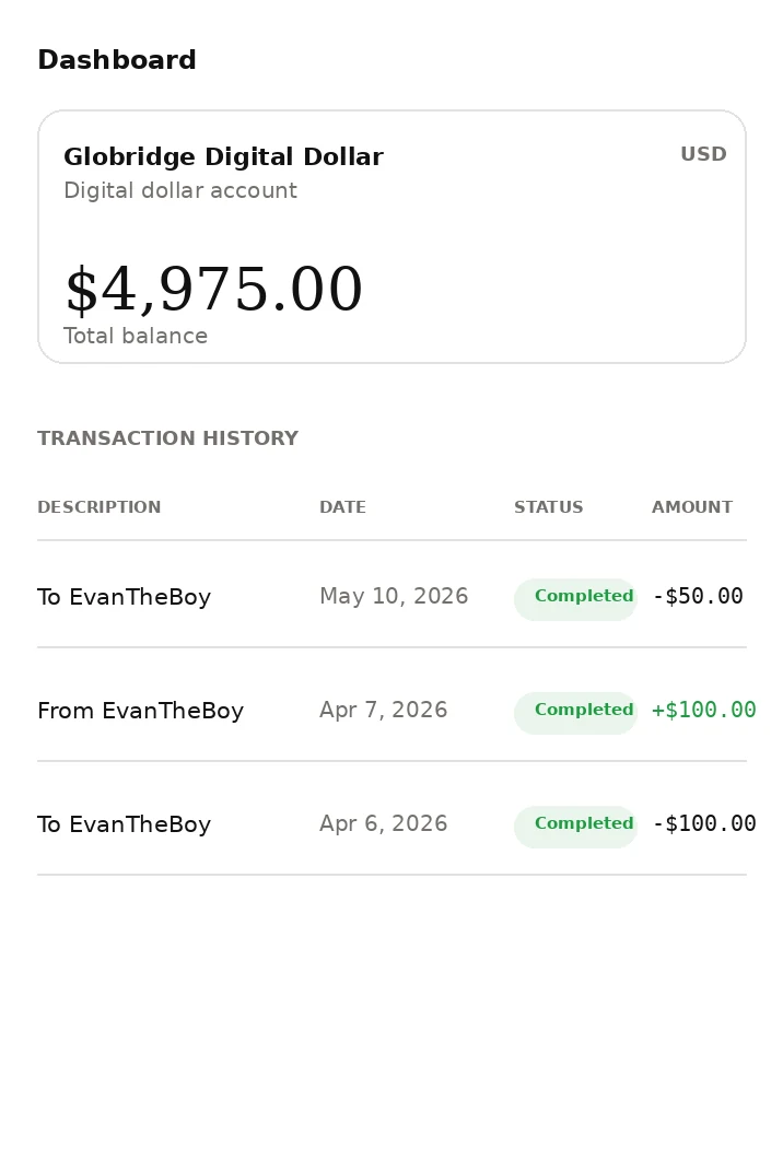 Globridge transaction history dashboard screenshot in light mode