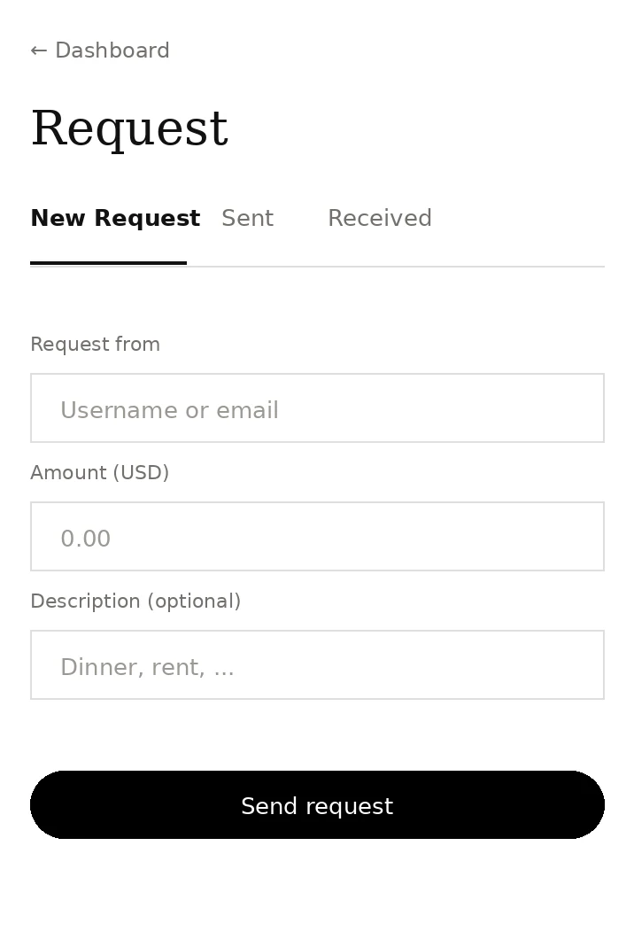 Globridge request payment screen screenshot in light mode