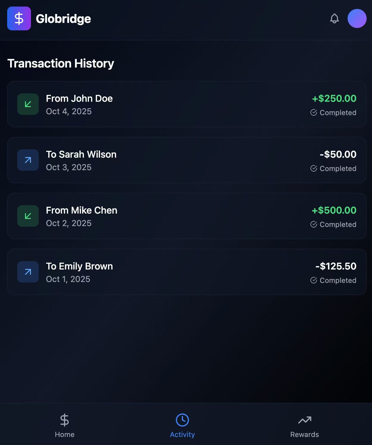 Globridge activity screen showing transaction history.
